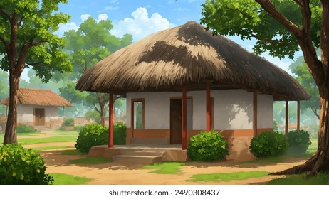 Illustration of Indian village house, Indian Village background for cartoon