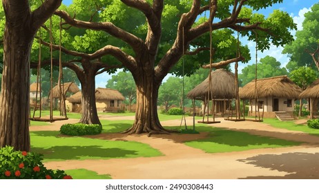 Illustration of Indian village house, Indian Village background for cartoon