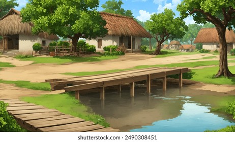 Illustration of Indian village house, Indian Village background for cartoon