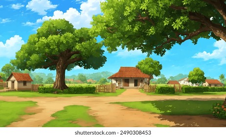 Illustration of Indian village house, Indian Village background for cartoon