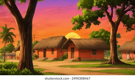 Illustration of Indian village house, Indian Village background for cartoon