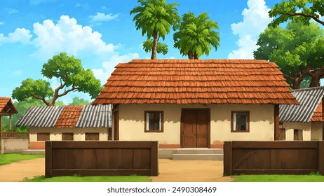 Illustration of Indian village house, Indian Village background for cartoon