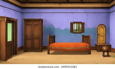 Illustration of Indian village house, Indian house interior background for cartoon