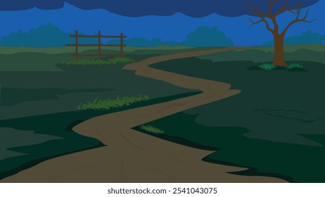 Illustration of Indian village road, Indian Village background for cartoon, forest road, evening background