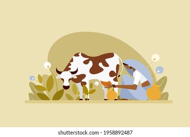 Illustration of an Indian village woman milking a cow in the outdoor