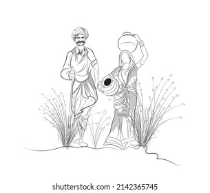 An illustration of Indian villagers, Farmers walking to their field, Line drawing of poor people