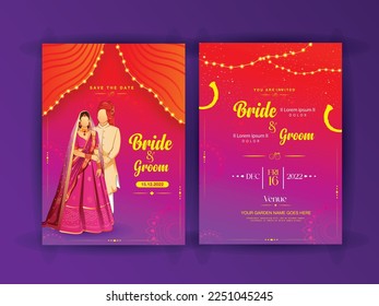 Ilustración de la distribución de la tarjeta de invitación a la boda india con una pareja india. Novia y Groom con plantilla de boda.