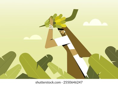 Illustration of an Indian woman carrying harvested banana in a farm