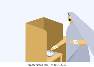 Illustration of an Indian woman casting vote in an electronic voting machine