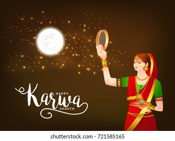 Illustration Of Indian Woman Celebrating A Festival Of Karwa Chauth.