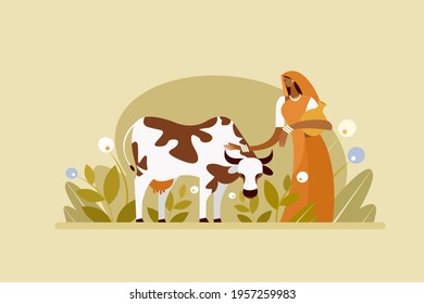 Illustration of an Indian woman with a cow in the outdoor.