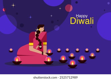 Ilustración de una mujer india decorando el suelo con lámparas del festival Diwali. Concepto del festival Diwali