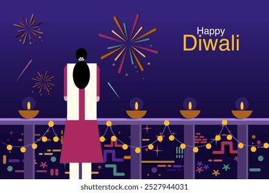 Illustration of an Indian woman enjoying the Diwali festival fireworks