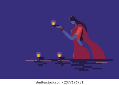 Illustration of an Indian woman floating Diwali festival lamps in water