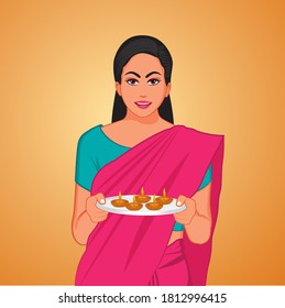 Illustration of Indian Woman holding Plate of Diya.