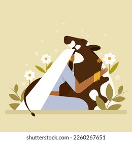 Illustration of an Indian woman hugging a cow with affection