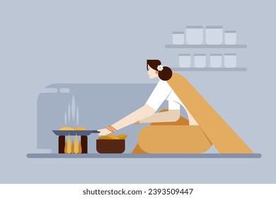 Illustration of an Indian woman making food in traditional way on a fire stove