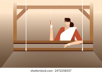 Illustration of an Indian woman operating a traditional weaving machine