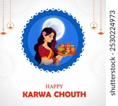 illustration of Indian woman performing Hindu married festival ritual of Karwa Cahuth looking moon through sieve ong Happy Karwa Chauth