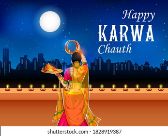 illustration of Indian woman performing Hindu married festival ritual of Karwa Cahuth looking moon through sieve