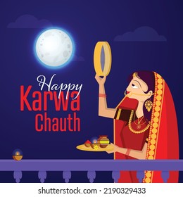 illustration of Indian woman performing Hindu married festival ritual of Karwa Cahuth looking moon through sieve