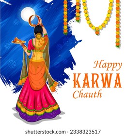 illustration of Indian woman performing Hindu married festival ritual of Karwa Cahuth looking moon through sieve