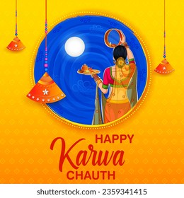 illustration of Indian woman performing Hindu married festival ritual of Karwa Cahuth looking moon through sieve