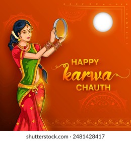 illustration of Indian woman performing Hindu married festival ritual of Karwa Cahuth looking moon through sieve