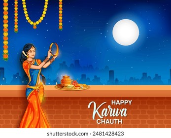 illustration of Indian woman performing Hindu married festival ritual of Karwa Cahuth looking moon through sieve