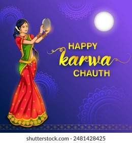 illustration of Indian woman performing Hindu married festival ritual of Karwa Cahuth looking moon through sieve