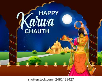 illustration of Indian woman performing Hindu married festival ritual of Karwa Cahuth looking moon through sieve