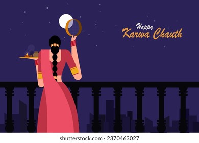 Illustration of an Indian woman performing religious ritual 'Karwa Chauth'by looking moon through a sieve