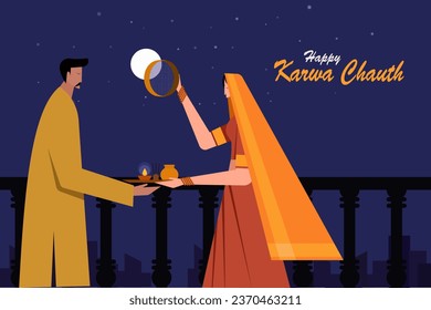 Illustration of an Indian woman performing religious ritual 'Karwa Chauth'by looking her husband through a sieve