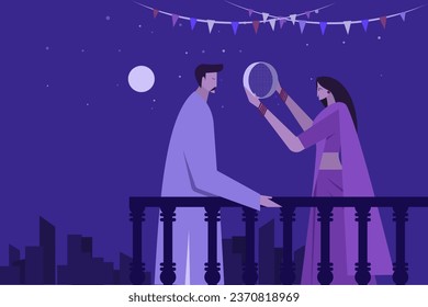 Illustration of an Indian woman performing religious ritual 'Karwa Chauth'by looking her husband through a sieve