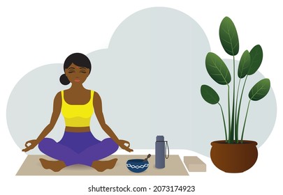 ILLUSTRATION OF AN INDIAN WOMAN WITH A THIRD EYE IN HER FOREHEAD INSIDE HER HOUSE DOING YOGA AND IN MEDITATION POSITION. BY HER SIDE SHE HAS A BOTTLE WITH WATER AND A PLANTAN, A TIBETAN BOWL