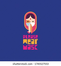 Illustration of INDIAN WOMAN in white medical protective face mask. Concept of corona virus quarantine. Namaste sign with “Please wear mask” message