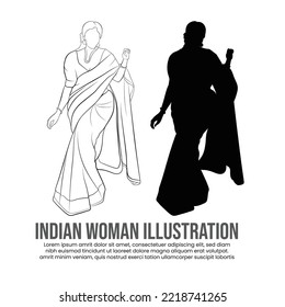 An illustration of Indian woman, Young woman vector line art, Beautiful silhouette of a lady