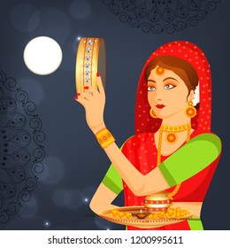 Illustration Of Indian Women Celebrate Karwa Chauth.