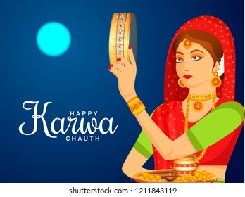 Illustration Of Indian Women Celebrate Karwa Chauth.