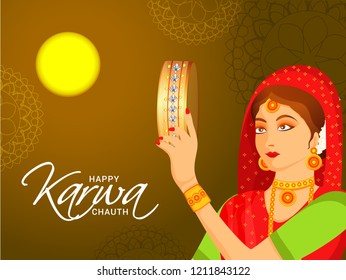 Illustration Of Indian Women Celebrate Karwa Chauth.