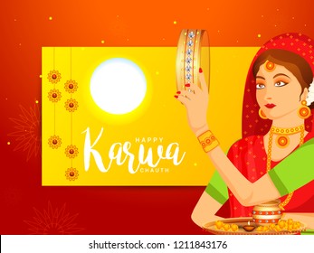 Illustration Of Indian Women Celebrate Karwa Chauth.