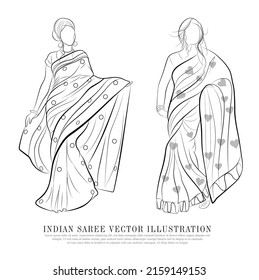 An illustration of Indian women, Line drawing of cultural dress, Vector illustration of Saree designs