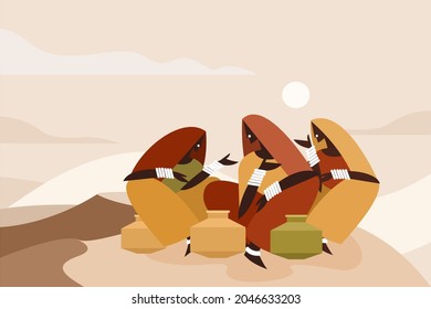 Illustration of Indian women with water pots sitting together and chatting in the desert