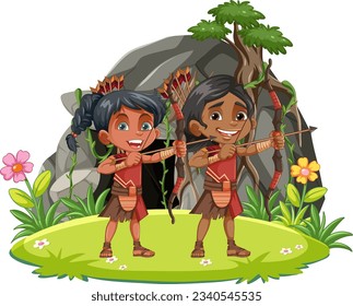 An illustration of an indigenous group hunting with arrows in a forest near a cave