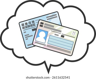 Illustration of Individual Number Card and health insurance card in a speech bubble. Japanese ID card color icon. Vector data is transparent around the illustration. Text means insurance card. 