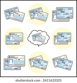 Illustration of Individual Number Card (My Number) and Japanese halth insurance card. Japan ID card color icon set. Vector data is transparent around the illustration. Text means insurance card.