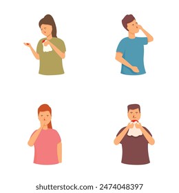 Illustration of individuals displaying different symptoms of illness such as coughing and sneezing