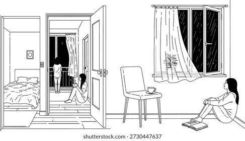 Ilustração de indivíduos em um ambiente doméstico