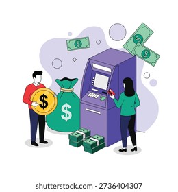 Illustration of individuals managing finances, featuring a man with a large coin and money bag, and a woman performing a transaction at an automatic teller machine.