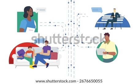 Illustration of individuals in various settings engaging in
conversations, symbolizing remote collaboration and digital interaction.